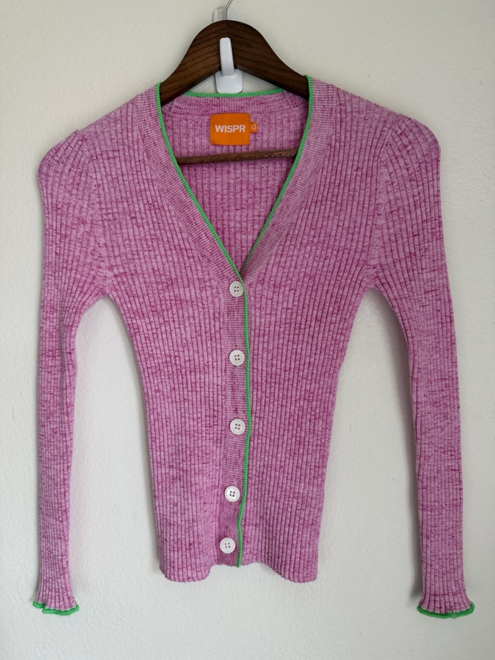 WISPR | Rib Button Down Cardigan Pink with Green Contrast Trim Size XS